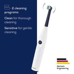 Electric toothbrush Beurer TB 15 Electric toothbrush; 2 cleaning programs; 12 days Battery life; 2-minute timer; Oscillating, pulsating, brushing technology; Incl. USB-C charging cable and Clean Eco brush head; white