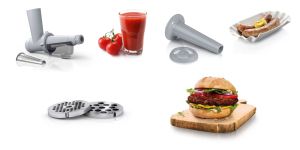 Месомелачка Bosch MFW2515W, Meat mincer, SmartPower Meat mincer from SmartPower range: 1500W, 1,7 kg/min, 2 sieves, 1 sausage horn, fruit press attachment, no reverse, white