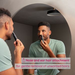 Beurer MN2X Precision trimmer, Incl. 3 attachments for trimming and shaping eyebrows, nose and ear hairs, High-quality stainless steel attachments, (IPX4), Battery-powered, Incl. protective cap, cleaning brush and storage bag