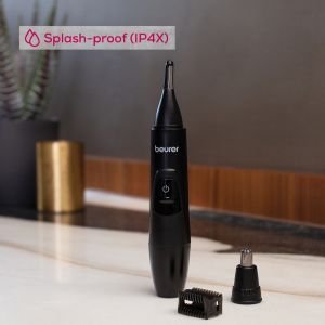 Beurer MN2X Precision trimmer, Incl. 3 attachments for trimming and shaping eyebrows, nose and ear hairs, High-quality stainless steel attachments, (IPX4), Battery-powered, Incl. protective cap, cleaning brush and storage bag