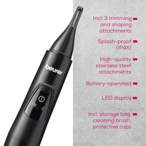 Beurer MN2X Precision trimmer, Incl. 3 attachments for trimming and shaping eyebrows, nose and ear hairs, High-quality stainless steel attachments, (IPX4), Battery-powered, Incl. protective cap, cleaning brush and storage bag