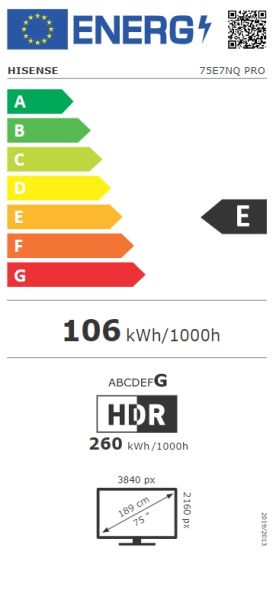 Televizor Hisense 75" E7NQ Pro, 4K Ultra HD 3840x2160, QLED, Quantum Dot, 144Hz, HDR 10+ adaptiv, HLG, Dolby Vision, DTS Virtual X, Smart TV, WiFi 5GHz, WiFi Direct, Senzor de lumină, BT, Anyview Cast, 3xHDMI, 2xUSB, LAN, CI+, DVB-T2/C/S2, negru