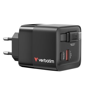 Verbatim Mini GaN Charger 65W 2 Port retractable cable display US plugs with EU and UK adaptors