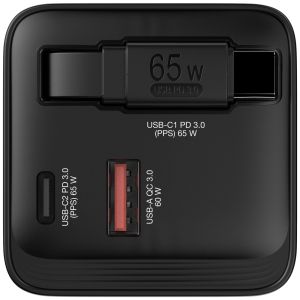 Verbatim Mini GaN Charger 65W 2 Port retractable cable display US plugs with EU and UK adaptors