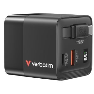 Verbatim Mini GaN Charger 65W 2 Port retractable cable display US plugs with EU and UK adaptors