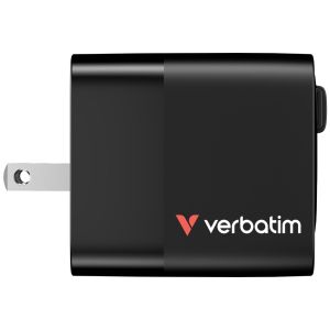 Verbatim Mini GaN Charger 65W 2 Port retractable cable display US plugs with EU and UK adaptors