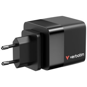 Verbatim Mini GaN Charger 65W 2 Port retractable cable display US plugs with EU and UK adaptors
