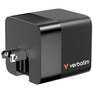 Verbatim Mini GaN Charger 65W 2 Port retractable cable display US plugs with EU and UK adaptors