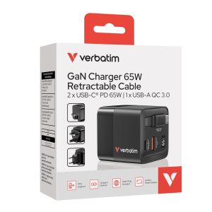 Verbatim Mini GaN Charger 65W 2 Port retractable cable display US plugs with EU and UK adaptors