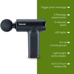 Massager Beurer MG 89 MASSAGE GUN CompactPower, Quiet, lightweight & handy deep tissue massager, 5 intensity levels, 3 massage attachments, Up to 4h battery life with LED display