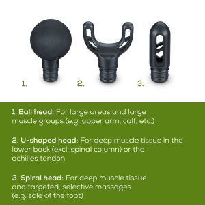Massager Beurer MG 89 MASSAGE GUN CompactPower, Quiet, lightweight & handy deep tissue massager, 5 intensity levels, 3 massage attachments, Up to 4h battery life with LED display