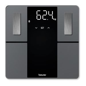 Scale Beurer BF 500 BT diagnostic bathroom scale in black, titanium-coated stainless steel electrodes, extra-large magic display 40mm, Weight, body fat, body water, muscle percentage, bone mass, AMR/BMR calorie display; BMI calculation; Bluetooth; 180 kg