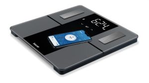 Scale Beurer BF 500 BT diagnostic bathroom scale in black, titanium-coated stainless steel electrodes, extra-large magic display 40mm, Weight, body fat, body water, muscle percentage, bone mass, AMR/BMR calorie display; BMI calculation; Bluetooth; 180 kg