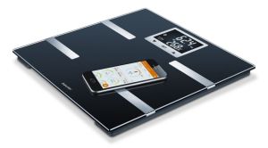 Scale Beurer BF 720 BT diagnostic bathroom scale in black, Weight, body fat, body water, muscle percentage, bone mass, AMR/BMR calorie display; BMI calculation; Black LCD display; white illumination with display of user's initials; Bluetooth; 180 kg / 100