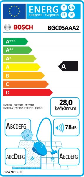 Прахосмукачка Bosch BGC05AAA2, Vacuum Cleaner, 700 W, Bagless type, 1.5 L, 78 dB(A), Energy efficiency class A, chili red/black