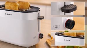 Toaster Bosch TAT2M121, MyMoment Compact toaster, 950 W, Auto power off, Defrost and reheat setting, Integrated warming grid, High lift, White