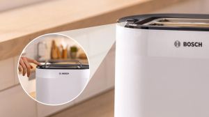 Toaster Bosch TAT2M121, MyMoment Compact toaster, 950 W, Auto power off, Defrost and reheat setting, Integrated warming grid, High lift, White