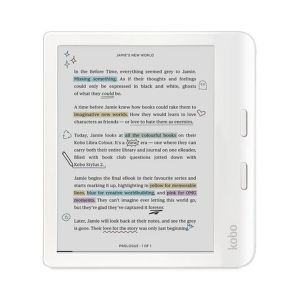 Cititor de cărți electronice Kobo Libra Color, ecran tactil E Ink Kaleido 7 inchi, 1680 x 1264, 32 GB, 2 GHz, Greutate 0,215 kg, Wireless Da, Comfort Light PRO, IPX8 - până la 60 de minute la 2 metri de apă, 15 fișiere formate suportate nativ, Alb