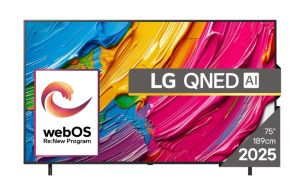 TV LG 75QNED80A3A, 75" 4K QNED HDR Smart TV, 3840x2160, DVB-T2/C/S2, Alpha 7 AI Processor, HDR10 / HLG, webOS 25 ThinQ, VRR / ALLM / HGiG, 4K Upscaling, WiFi 5, Voice Controll, Bluetooth 5.1, AirPlay 2, LAN, CI, HDMI, SPDIF, Google Cast, 2 poles Sta