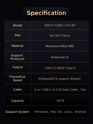 Orico Storage - HDD/M.2 Dock - 2 BAY Offline Clone 2.5/3.5/M.2 NVMe USB-C/USB-A - IT28E-C-EU-GY
