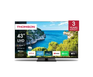Television Thomson Smart UHD TV 43"; Google TV; 3840 x 2160 (4K UHD), 4000:1, DLED, 60 Hz, DVB-T/T2/C/S/S2, HDR10, Wi-Fi, Bluetooth, LAN, HDMI 2 (2.0) + 2 (2.1), USB 2 (2.0) + 1 (3.0), Central Swivel Stand, Black