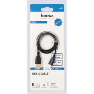 Hama Flexi-Slim Charging/Data Cable, USB Type-C - USB 2.0, 0.75 m, black