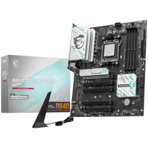 MSI B840 GAMING PLUS WIFI, ATX, Socket AM5, 4x DDR5 Dual Channel DDR5 up to 8000(OC)MHz, 5x PCIe x16 slot, 2x M.2 slot, 4x USB 2.0, 2x USB 5Gbps, 1x USB 10Gbps, 1x USB 10Gbps Type-C, HDMI, 7.1 HD Audio, 2.5G LAN, WiFi, BT, 3Y