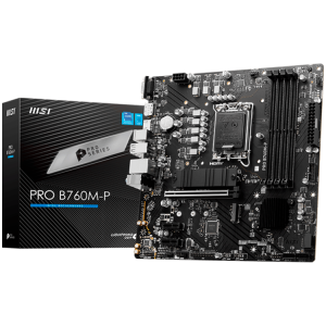 MSI PRO B760M-P, mATX, LGA 1700, Dual Channel DDR5 6800, 1x PCIe x16 slots, 2x M.2 slots, 1x HDMI, 1x DP, 1x VGA, 1x USB 3.2 Gen 2 Type-C, 1x USB 3.2 Gen 1 , 4x USB 2.0, 7.1 HD Audio, 1Gbps LAN, 3Y