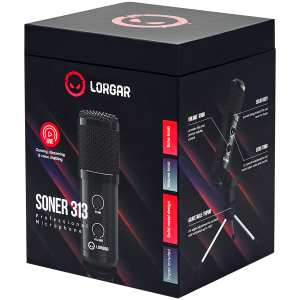 LORGAR Soner 313, Gaming Microphones, Black, USB condenser microphone with Volume Knob & Echo Kob, including 1x Microphone, 1 x 2.5M USB Cable, 1 x Tripod Stand, 1 x User Manual, body size: Φ47.4*158.2*48.1mm, weight: 243.0g