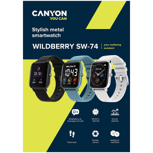 CANYON Wildberry SW-74, Smart watch, 1.3inches TFT full touch screen, Zinc+plastic body, IP67 waterproof, multi-sport mode, compatibility with iOS and android, black body with black silicon belt, Host: 43*37*9mm, Strap: 230x20mm, 45g