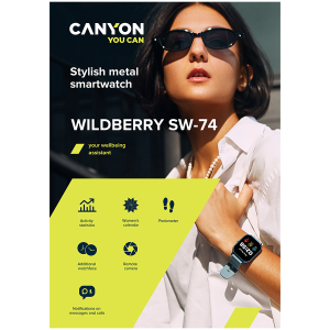 CANYON Wildberry SW-74, Smart watch, 1.3inches TFT full touch screen, Zinc+plastic body, IP67 waterproof, multi-sport mode, compatibility with iOS and android, black body with black silicon belt, Host: 43*37*9mm, Strap: 230x20mm, 45g