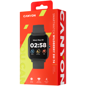 CANYON Wildberry SW-74, Smart watch, 1.3inches TFT full touch screen, Zinc+plastic body, IP67 waterproof, multi-sport mode, compatibility with iOS and android, black body with black silicon belt, Host: 43*37*9mm, Strap: 230x20mm, 45g