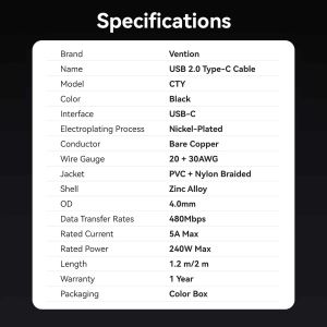 Vention Cable - USB2.0 Type-C to Type-C - 5A Fast Charging, 240W, PD3.1, 1.2m -  CTYBAV