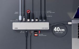 ATEN Docking 11-in-1 USB-C Multiport Dock + Power Pass-Through, 2 x HDMI, LAN, 3.5mm, USB-C, SD Card, microSD, 3 x USB 3.2