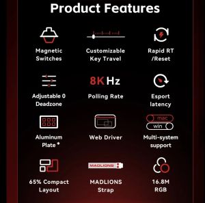 Madlions професионална геймърска механична клавиатура Professional Gaming Mechanical Keyboard MAD 60 HE Flagship V2 - 8K, Magnetic Amber Pro Switches - White