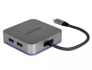 Delock stație de andocare, USB-A, USB-C, HDMI, Gigabit LAN, PD, Iluminare de fundal, gri