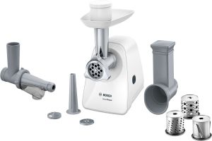 Meat mincer Bosch MFW2517W Meat mincer SmartPower; 350W - 1500W; Discs: 3.8/ 8 mm, Sausage attachment; Shredding nozzle, 3 tanks; Fruit pressing attachment; Out: 1.7kg/min; White