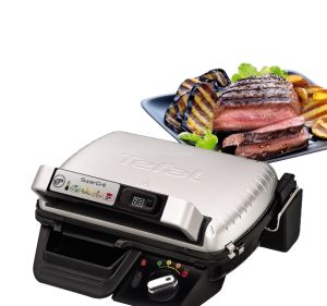 Gratar Tefal GC451B12 Super Grill cu timer, suprafata de gatit 600cm2, 2000W, 2 pozitii de gatit (gril, BBQ), 3 setari + max, indicator luminos, timer digital, termostat reglat, depozitare verticala, alaun turnat sub presiune antiaderent. farfurii, farfur