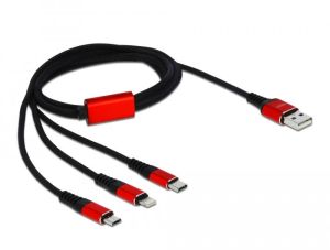 Cablu de încărcare Delock 3 în 1, USB - Lightning/ Micro USB/ USB-C, 1 m, negru/roșu