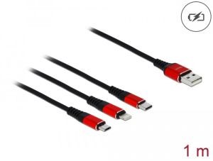 Cablu de încărcare Delock 3 în 1, USB - Lightning/ Micro USB/ USB-C, 1 m, negru/roșu