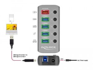 Hub USB Delock 3.2 Gen 1, 4 x USB-A, 1 port de încărcare rapidă, 1 x USB-B, iluminare din spate, gri