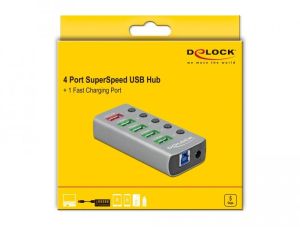 Hub USB Delock 3.2 Gen 1, 4 x USB-A, 1 port de încărcare rapidă, 1 x USB-B, iluminare din spate, gri