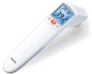Termometru Termometru fără contact Beurer FT 100, Senzor de distanță (LED/semnal acustic), Măsurarea temperaturii corpului, a mediului și a suprafeței, Led alarmă de temperatură (verde, galben/roșu) și pictograme feței, Afișează măsurătorile în °C și °F, 