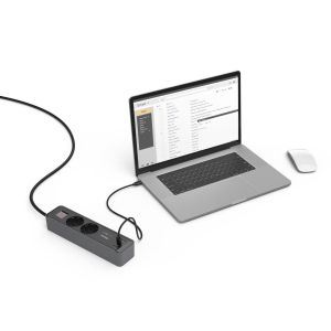 Priză Hama, 2 prize, USB-C/A 65 W, PD, întrerupător pornit/oprit, 1,4 m, negru/gri