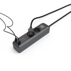 Priză Hama, 2 prize, USB-C/A 65 W, PD, întrerupător pornit/oprit, 1,4 m, negru/gri