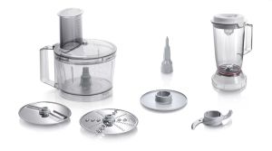 Robot de bucătărie Bosch MCM3200W, Mașină de bucătărie, MultiTalent 3, 800 W, fără BPA, bol din plastic 2,3 l , Disc din oțel inoxidabil cu două fețe pentru tăiere și rindeluire, potrivit pentru zdrobirea gheții, Atașament pentru aluat, alb