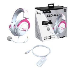 Căști pentru jocuri HyperX Cloud II roz, microfon, roz/alb