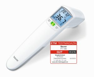 Termometru Termometru fără contact Beurer FT 100, Senzor de distanță (LED/semnal acustic), Măsurarea temperaturii corpului, a mediului și a suprafeței, Led alarmă de temperatură (verde, galben/roșu) și pictograme feței, Afișează măsurătorile în °C și °F, 