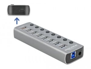 Hub USB Delock, 7 porturi + 1 port de încărcare rapidă + 1 port USB-C™ PD 3.0, Iluminare de fundal, gri