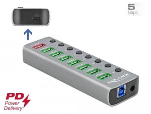 Hub USB Delock, 7 porturi + 1 port de încărcare rapidă + 1 port USB-C™ PD 3.0, Iluminare de fundal, gri